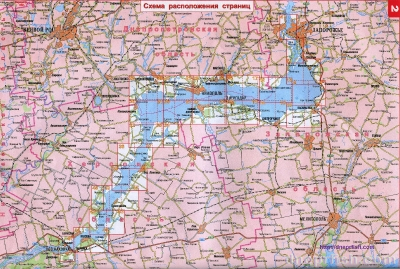 Общая карта Каховского водохранилища разделена на квадраты. Каждый номер квадрата соответствует определенной странице карты